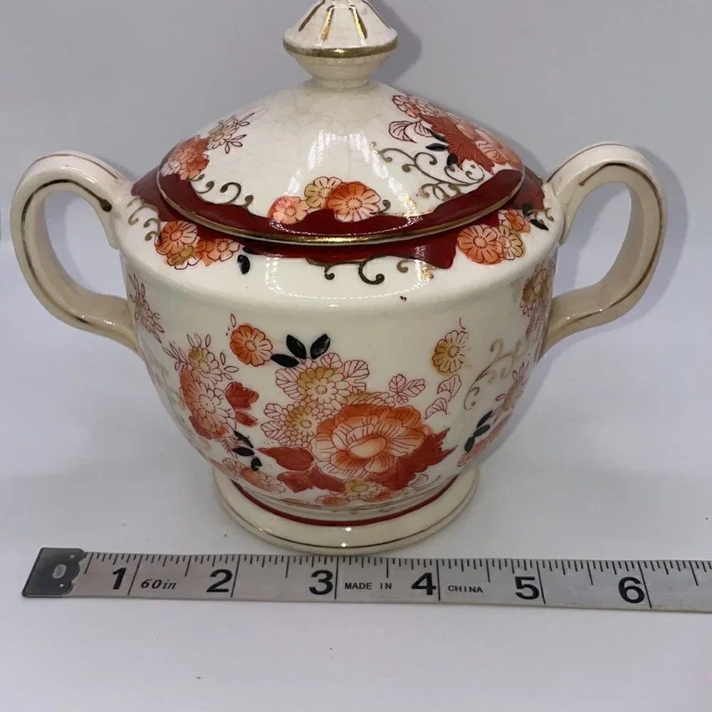Vintage Japanese 1920’s Hand Floral Designed Porcelain Sugar Bowl